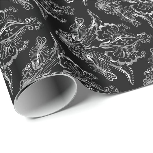 Schwarze und metallische SilberröhrenDamasken 2 Geschenkpapier (Rolleneckpunkt)