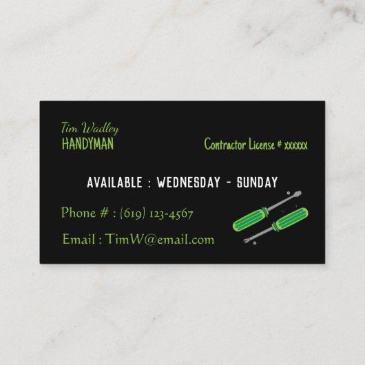 Schwarze und Neongrüne Reparaturskarten Visitenkarte (Rückseite)