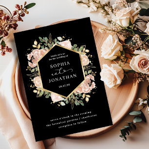 Schwarze und neutrale Aquarell-Blumen Hochzeit Einladung