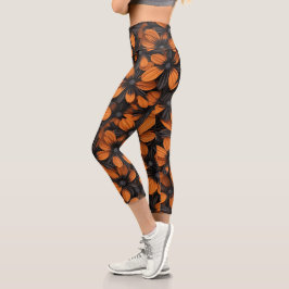 Schwarze und orange Blumenleggings Capri Leggings