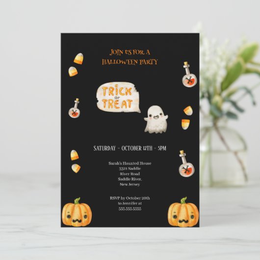 SCHWARZE UND ORANGE TRICK ODER BEHANDLUNG HALLOWEE EINLADUNG (Stehend Vorderseite)