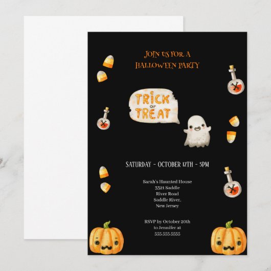 SCHWARZE UND ORANGE TRICK ODER BEHANDLUNG HALLOWEE EINLADUNG (Vorne/Hinten)