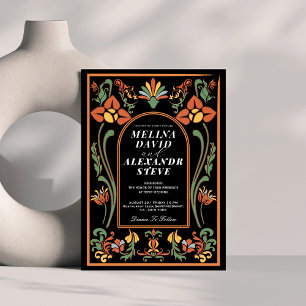 Schwarze und orange Vintage-Blumenkunst-Hochzeit Einladung
