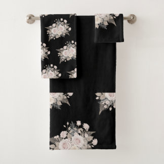 Schwarze und rosa Blumen moderne dekorative Badezi Badhandtuch Set