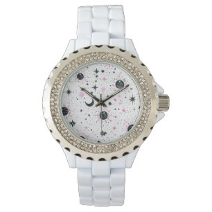Schwarze und rosa Himmelssonne Mond Sterne Armbanduhr