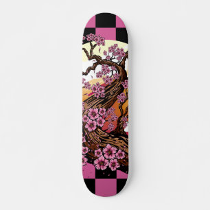 Schwarze und rosa karierte Kirschblüten-Japanische Skateboard