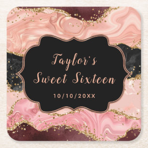 Schwarze und rosa Pailletten Achat Sweet Sixteen Rechteckiger Pappuntersetzer