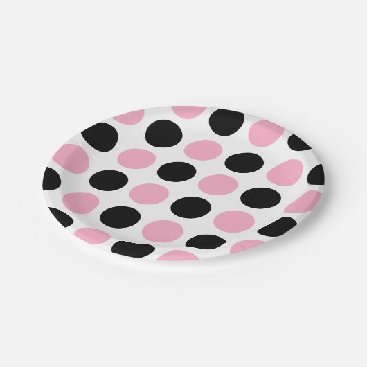 Schwarze und rosa Polka-Punkte Pappteller (Schrägansicht)
