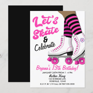 Schwarze und rosa Rollschuh-Einweihungs-Party Einladung