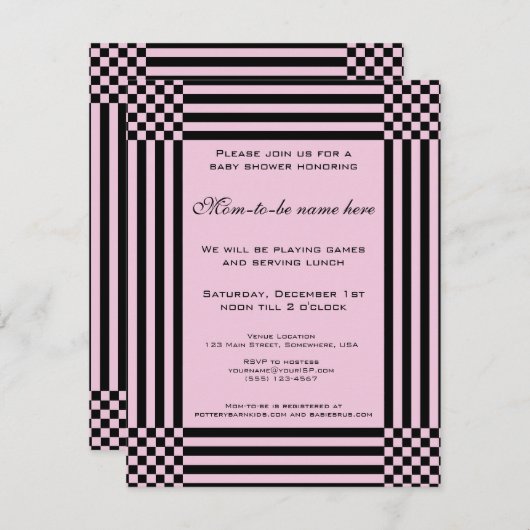 Schwarze und rosa Schachbrett Streifen Babydusche Einladung (Vorne/Hinten)