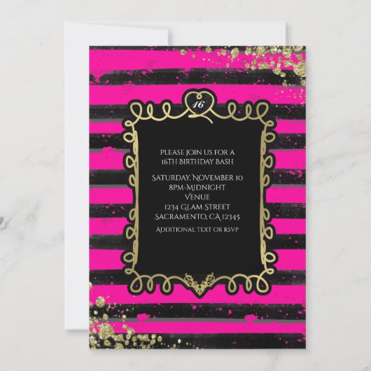 Schwarze und rosa Streifen Gold Fossile Party Einl Einladung (Rückseite)