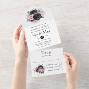 Schwarze und rosa Vintage-Rosen Hochzeit Alles in All In One Einladung