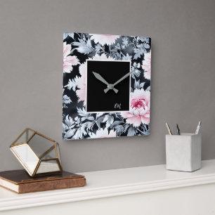 schwarze und rosa Vintage-Schöne-Gartenblumen Quadratische Wanduhr