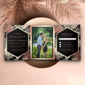 Schwarze und Rose Goldene Foil Tropical Palm Weddi Dreifach Gefaltete Einladung