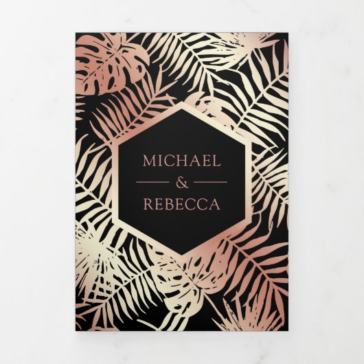 Schwarze und Rose Goldene Foil Tropical Palm Weddi Dreifach Gefaltete Einladung (Cover)