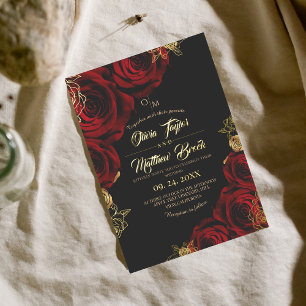 Schwarze und rote Blumen Goldfolie Hochzeit Folieneinladung