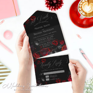 Schwarze und rote Blumeneinladung zur Hochzeit - A All In One Einladung