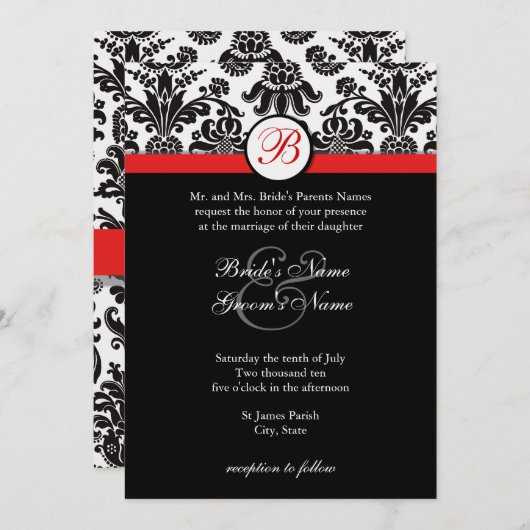 Schwarze und rote Damast-Hochzeits-Einladung Einladung (Vorne/Hinten)