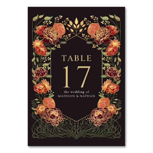 Schwarze und rote Fantasie verzauberte Hochzeit im Tischnummer (Vorderseite)