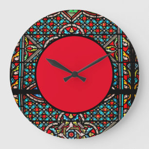 Schwarze und rote Glaswanduhr mit Buntglas Große Wanduhr