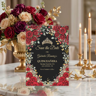 Schwarze und rote goldene Schmetterlings-Quinceañe Save The Date