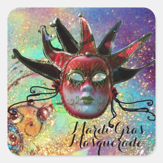 SCHWARZE UND ROTE JESTERMASSE IM Party BLAU-MASCHI Quadratischer Aufkleber (Vorderseite)