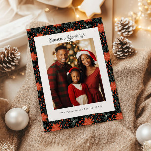 Schwarze und rote Poinsettien-Feiertagsfotokarte Feiertagskarte