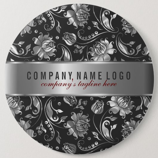 Schwarze und Silbergraue Floral-Damasken Button (Vorderseite)