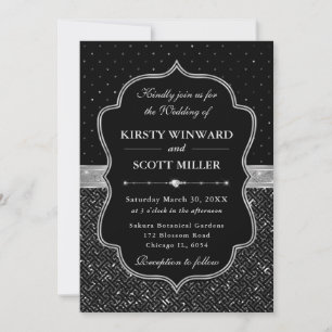 Schwarze und silberne Art Deco Glitter Hochzeit Einladung