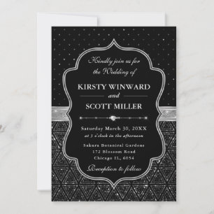 Schwarze und silberne Art Deco Glitter Hochzeit Einladung