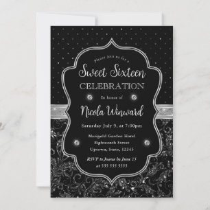 Schwarze und silberne Art Deco Glitter Sweet Sixte Einladung