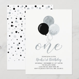 Schwarze und silberne Ballons Eins 1. Jungen-Gebur Einladung