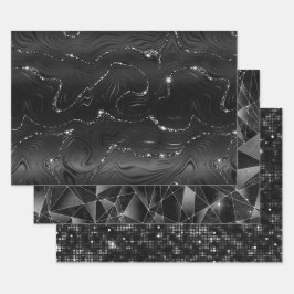 Schwarze und silberne Glitter geometrische Muster Geschenkpapier Set