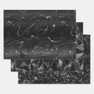 Schwarze und silberne Glitter geometrische Muster Geschenkpapier Set