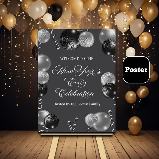 Schwarze und silberne Glitter-Silvesterparty Poster