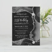 Schwarze und Silberne Imitate Glitzer Agate Birthd Einladung (Stehend Vorderseite)