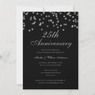 Schwarze und silberne Konfetti 25. Hochzeitstag Einladung