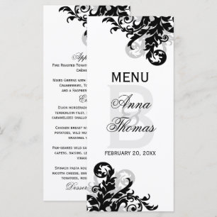 Schwarze und silberne Menu-Karte mit florierendem Menükarte