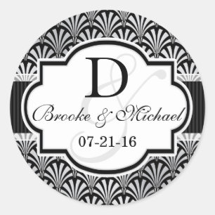 Schwarze und silberne Vintage-Art-Deco-Hochzeit Runder Aufkleber