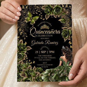 Schwarze und Smaragdgrüne Quinceañera Goldene Tiar Einladung