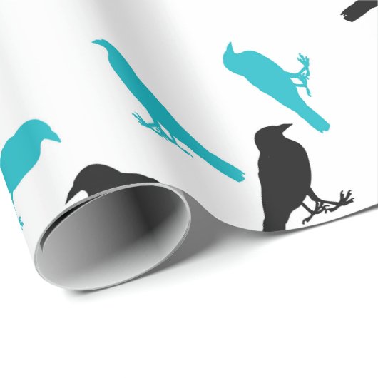 Schwarze und türkisfarbene Krähen Geschenkpapier (Rolleneckpunkt)