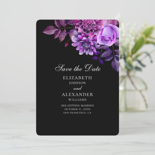 Schwarze und violette Blumen. Botanisch Save the D Einladung (Stehend Vorderseite)