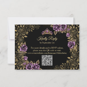 Schwarze und violette goldene Tiara-Rosen Quinceañ RSVP Karte
