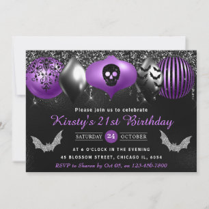Schwarze und violette Halloween-Ornamente zum 21. Einladung