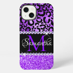 Schwarze und violette Leopardenflecken Glam Monogr iPhone 13 Hülle
