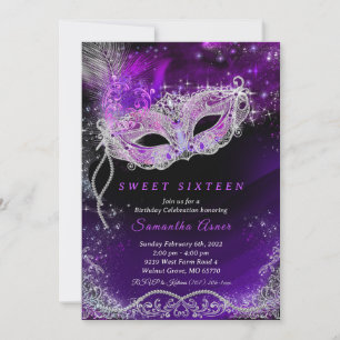 Schwarze und violette Maskenball-Einladung zum 16. Einladung