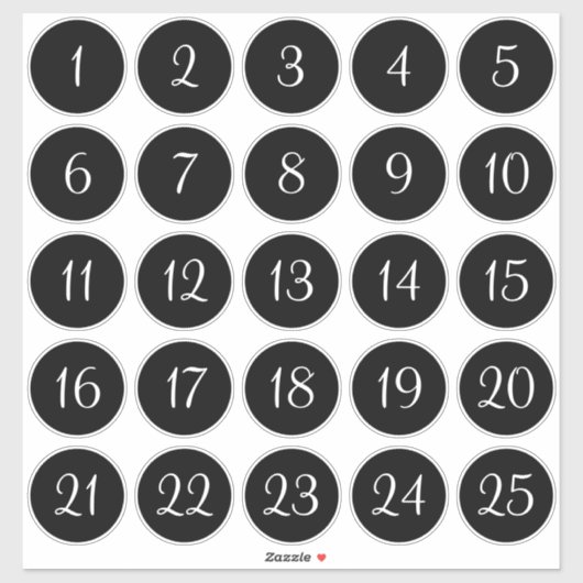 Schwarze und weiße 1 - 25 nummerierte Kreise Aufkleber (Blatt)