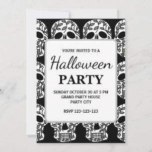Schwarze und weiße Blumen-Schädel-Halloween-Party Einladung