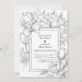 Schwarze und weiße Blumen-Schleifen-Hochzeit Einladung (Vorderseite)