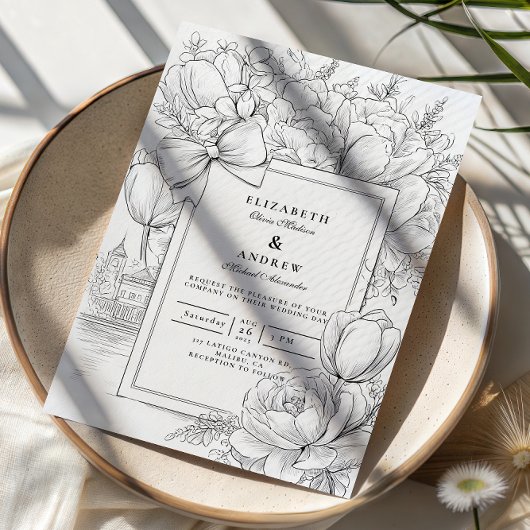 Schwarze und weiße Blumen-Schleifen-Hochzeit Einladung